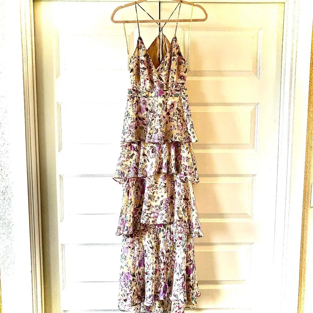 NWT ASTR the Label Rosana Chiffon Ruffle Tiers Maxi Dress Yellow Purple Floral S